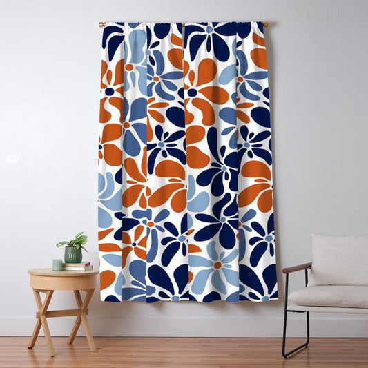 Abstract Flowers, Orange, Blue and White Window Curtain Gallery Image 1