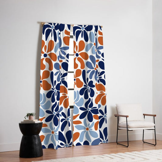 Abstract Flowers, Orange, Blue and White Window Curtain Gallery Image 2