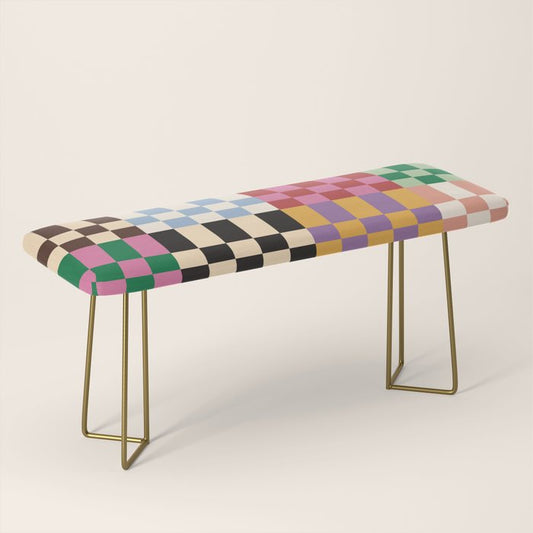 Retro 70s Colorful Patchwork Checkerboard Bench Gallery Image 2