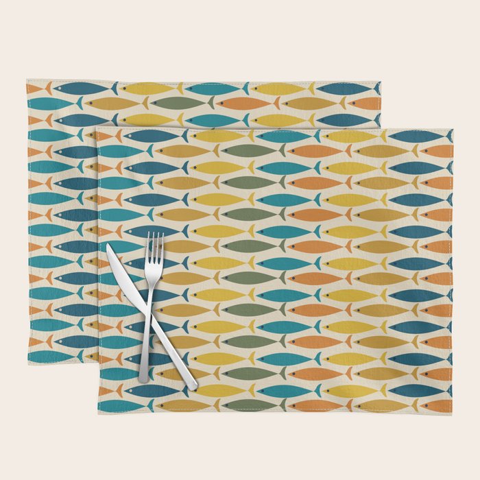 Mid-Century Modern Fish Stripes in Moroccan Teal, Green, Orange, Mustard, and Cream Placemat Gallery Image 2