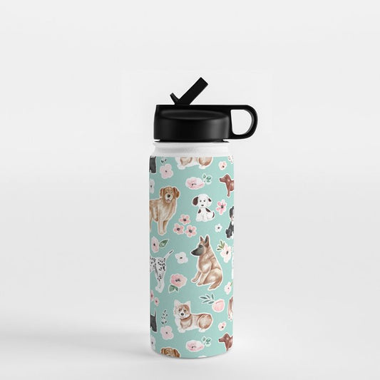 Cute Dogs on Aqua Blue, Dogs and Flowers, Pet Painting, Cute Animals, Golden Retriever, Dachshund, Corgi, Bulldog, Dalmation Water Bottle Gallery Image 1