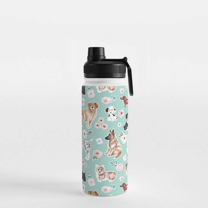 Cute Dogs on Aqua Blue, Dogs and Flowers, Pet Painting, Cute Animals, Golden Retriever, Dachshund, Corgi, Bulldog, Dalmation Water Bottle Gallery Image 2