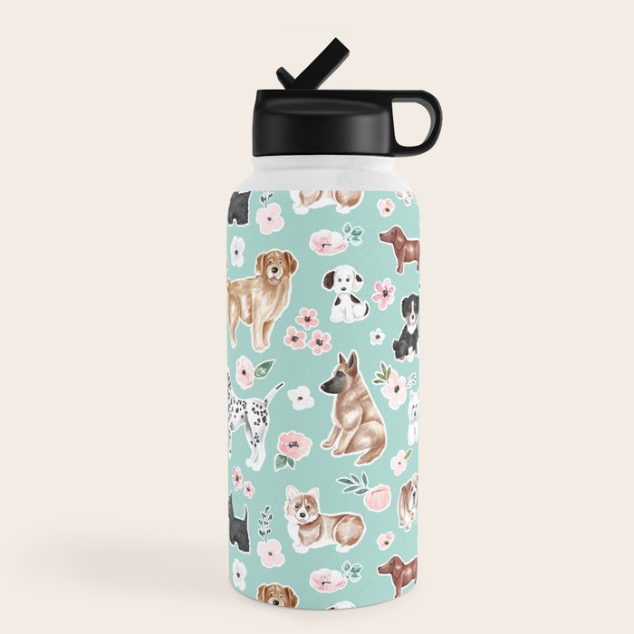 Cute Dogs on Aqua Blue, Dogs and Flowers, Pet Painting, Cute Animals, Golden Retriever, Dachshund, Corgi, Bulldog, Dalmation Water Bottle Gallery Image 4