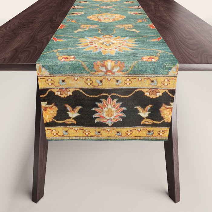 Oushak Antique Gold Teal Turkish Rug Print Table Runner Gallery Image 1