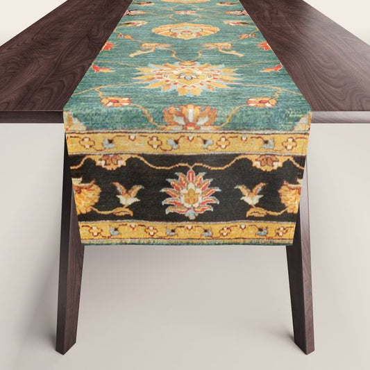 Oushak Antique Gold Teal Turkish Rug Print Table Runner Gallery Image 1