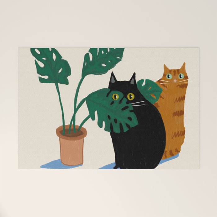 Black cat & orange tabby cat with Monstera plant Welcome Mat Gallery Image 1