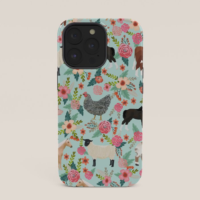 Farm animal sanctuary pig chicken cows horses sheep floral pattern gifts iPhone Case Gallery Image 35