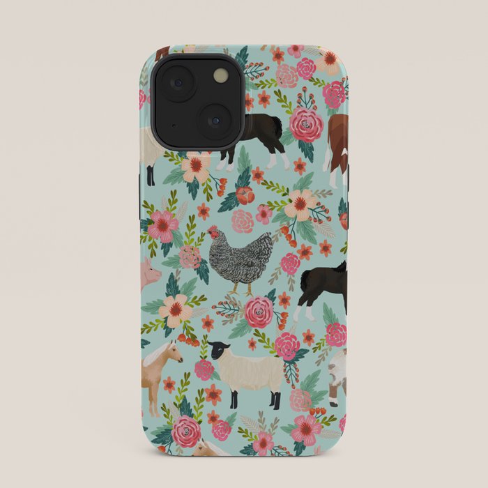 Farm animal sanctuary pig chicken cows horses sheep floral pattern gifts iPhone Case Gallery Image 33