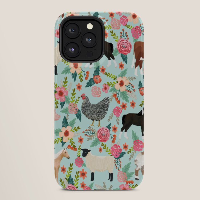Farm animal sanctuary pig chicken cows horses sheep floral pattern gifts iPhone Case Gallery Image 28