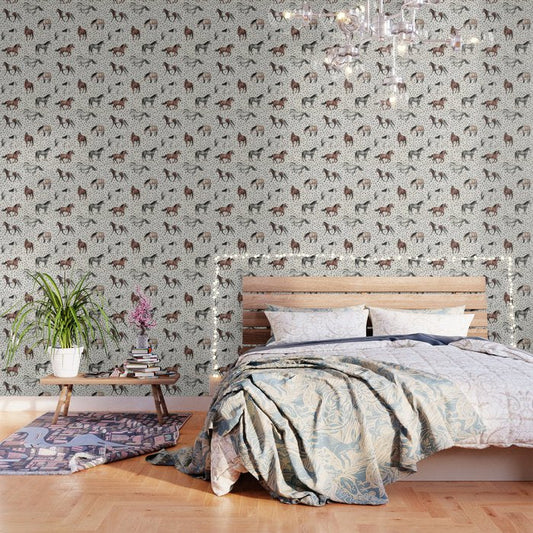 Horses and Dots, Vintage Texture, Wild horses, Hand-painted, Organic Dots, Watercolor Wallpaper Gallery Image 2