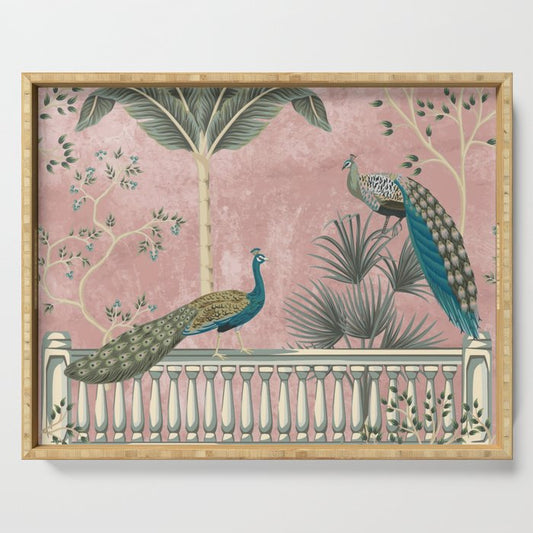 Chinoiserie Blush Pink Peacock Palm Fresco Garden Serving Tray Gallery Image 1
