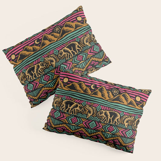 Mangatsika Mountain Stripe - Gold, pink, and teal Pillow Sham Gallery Image 1