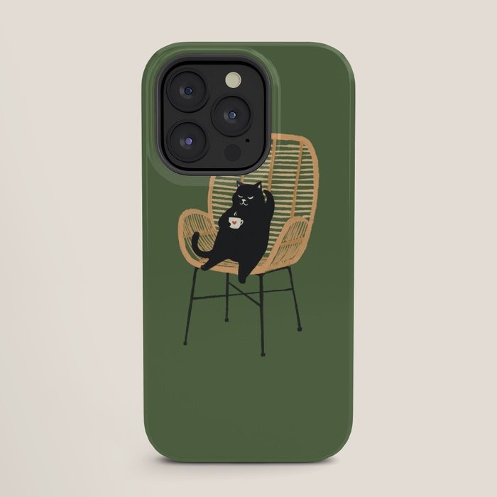 Lazy cat 2b Green enjoy coffee on rattan chair iPhone Case Gallery Image 27