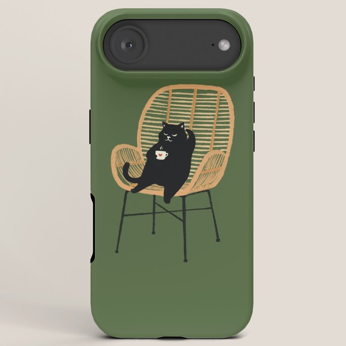 Lazy cat 2b Green enjoy coffee on rattan chair iPhone Case Gallery Image 6