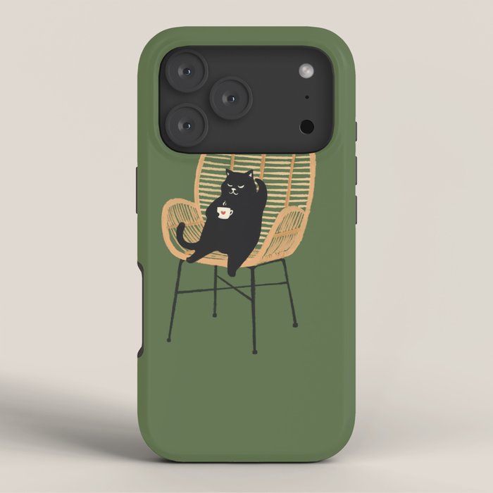 Lazy cat 2b Green enjoy coffee on rattan chair iPhone Case Gallery Image 3
