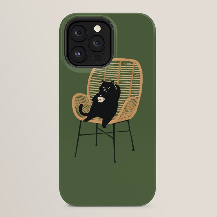 Lazy cat 2b Green enjoy coffee on rattan chair iPhone Case Gallery Image 24