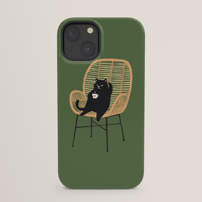 Lazy cat 2b Green enjoy coffee on rattan chair iPhone Case Gallery Image 29