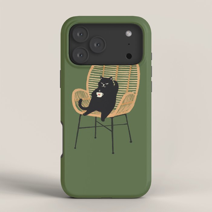Lazy cat 2b Green enjoy coffee on rattan chair iPhone Case Gallery Image 4