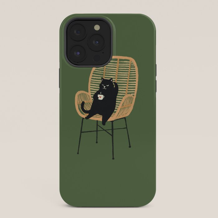 Lazy cat 2b Green enjoy coffee on rattan chair iPhone Case Gallery Image 36