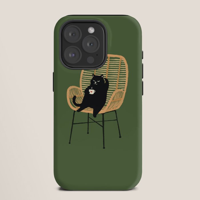Lazy cat 2b Green enjoy coffee on rattan chair iPhone Case Gallery Image 11