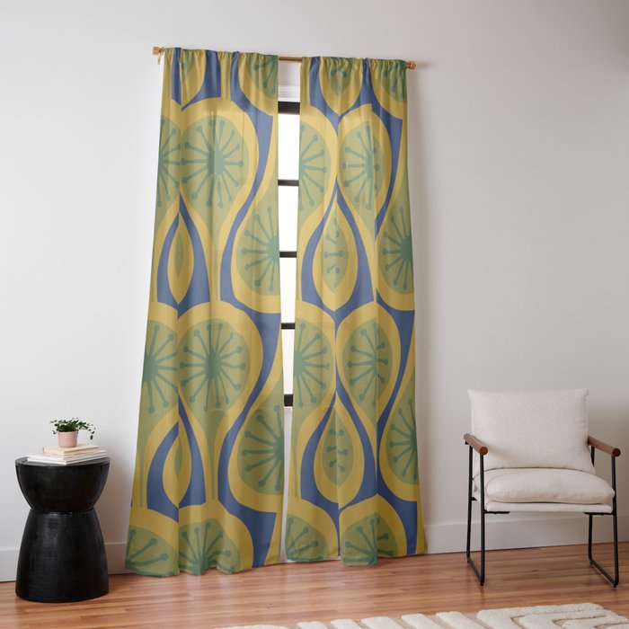 Mid Century Modern Atomic Drops Pattern Green Mustard Blue Window Curtain Gallery Image 14