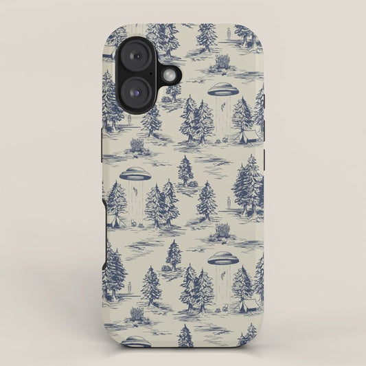 Alien Abduction Toile De Jouy Pattern in Blue iPhone Case Gallery Image 1