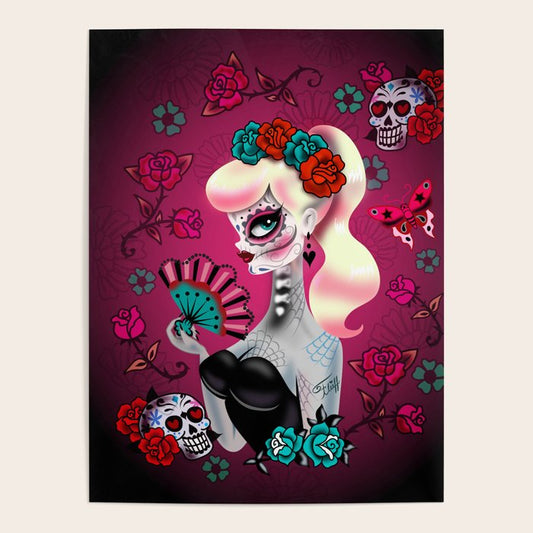 Rockabilly Blonde Sugar Skull Girl Poster Gallery Image 2