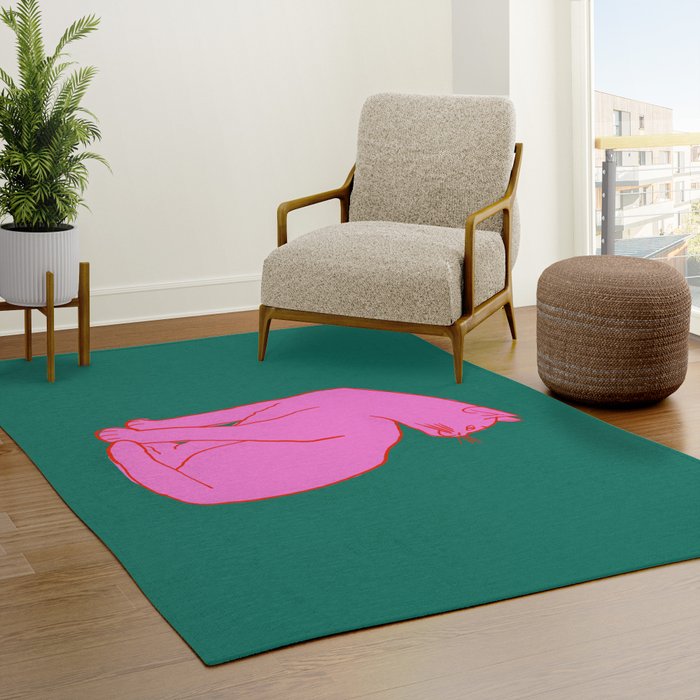 Pink Cat On Green Background Rug Gallery Image 3
