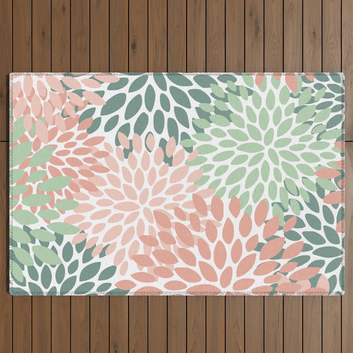 Festive, Abstract Floral Prints, Coral and Green Outdoor Rug Gallery Image 2