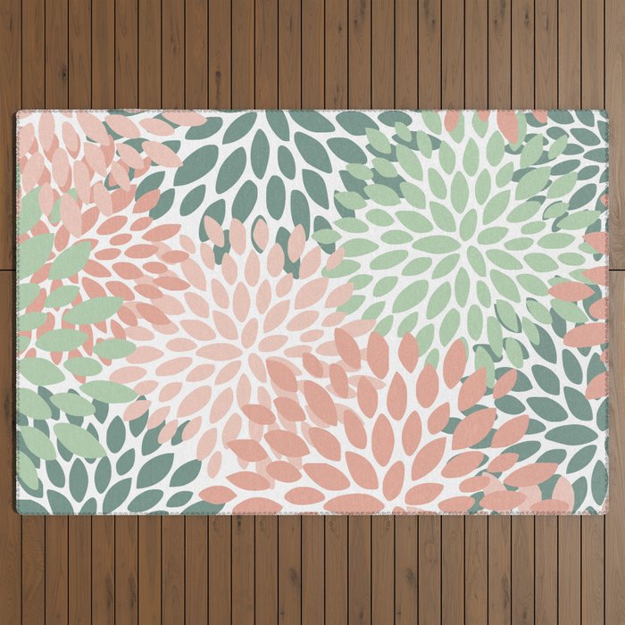 Festive, Abstract Floral Prints, Coral and Green Outdoor Rug Gallery Image 3