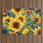 Festive, Sunflower, Yellow and Green on Navy Blue, Floral Prints Outdoor Rug Gallery Image 1