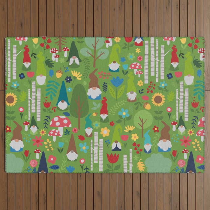 Gnomes In the Garden Green Outdoor Rug Gallery Image 3