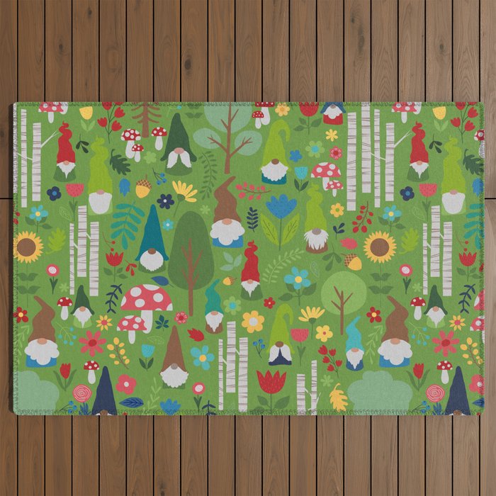 Gnomes In the Garden Green Outdoor Rug Gallery Image 2
