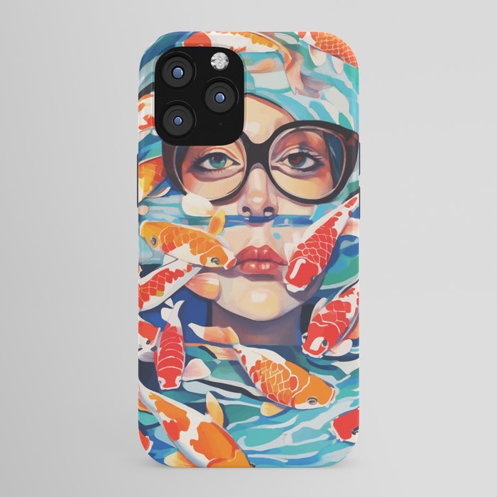 Point of View, Individuality Koi Fish Yoga Meditation, Woman Glasses Vision Concept, Fishpond Eclectic Vintage Painting iPhone Case Gallery Image 43