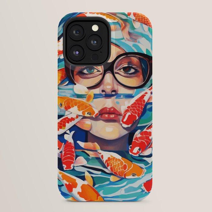 Point of View, Individuality Koi Fish Yoga Meditation, Woman Glasses Vision Concept, Fishpond Eclectic Vintage Painting iPhone Case Gallery Image 24