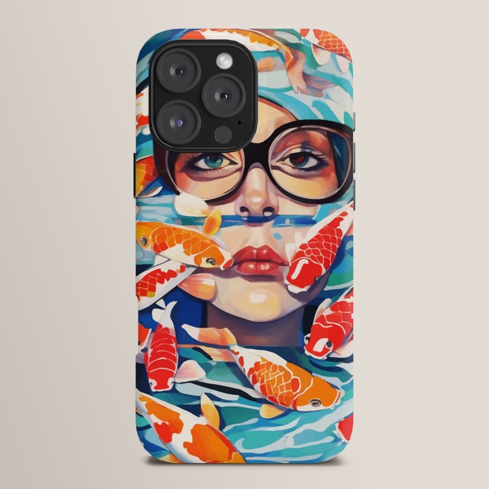 Point of View, Individuality Koi Fish Yoga Meditation, Woman Glasses Vision Concept, Fishpond Eclectic Vintage Painting iPhone Case Gallery Image 16