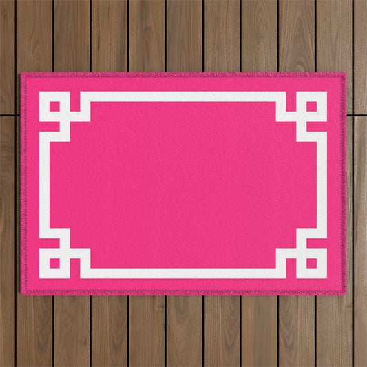 Light Hot Pink and White Greek Key Outdoor Rug Gallery Image 1