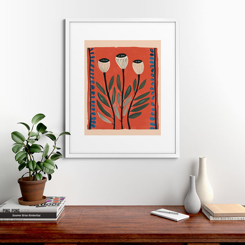 Terracotta Poppy Pod Folk Art Framed Art Print Gallery Image 56