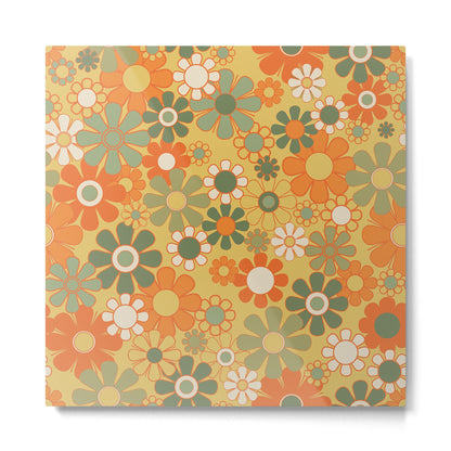 Retro 70s Floral Pattern in Mossy Sage Olive Green Orange Mustard Metal Print Gallery Image 2