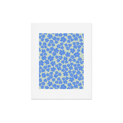 Blue flower blossom scatter on soft green Art Print Gallery Image 7