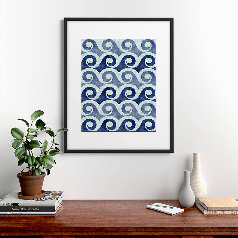 Indigo Geometric Beach Waves Framed Art Print Gallery Image 9