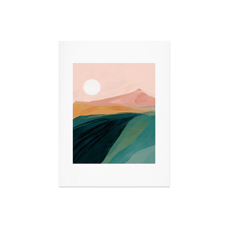 pink, green, gold moon watercolor mountains Art Print Gallery Image 8