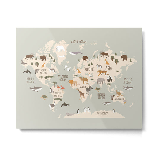 Kids world map with animals in green Metal Print Gallery Image 1