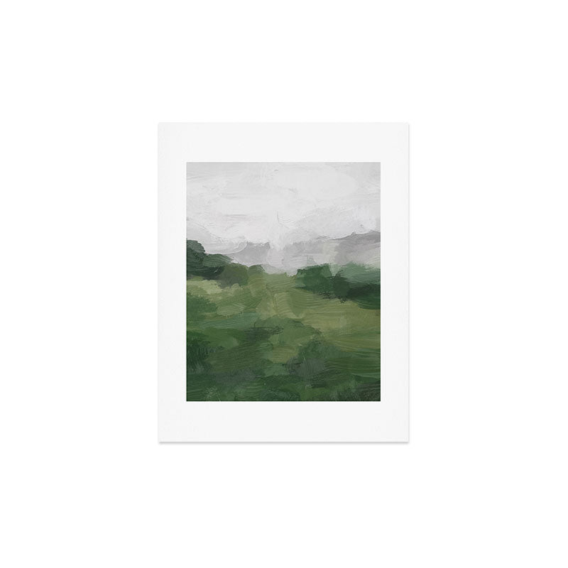 Green Mountain - Valley Hills Gray Sky Grass Plants Abstract Nature Painting Art Print Wall Decor Art Print Gallery Image 2