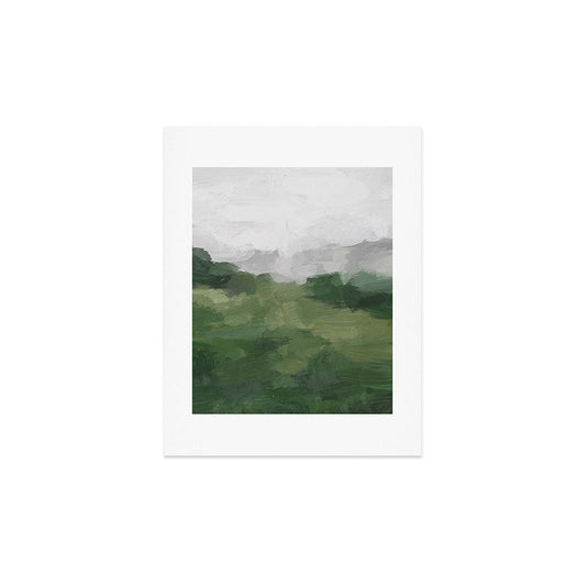 Green Mountain - Valley Hills Gray Sky Grass Plants Abstract Nature Painting Art Print Wall Decor Art Print Gallery Image 2