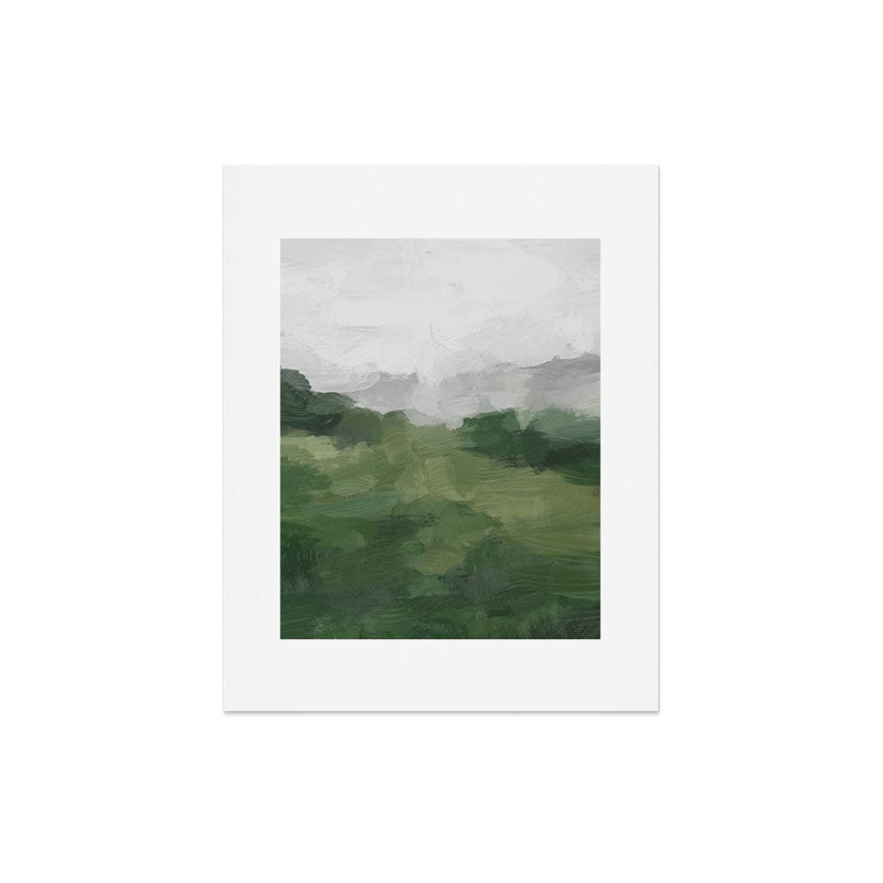Green Mountain - Valley Hills Gray Sky Grass Plants Abstract Nature Painting Art Print Wall Decor Art Print Gallery Image 4