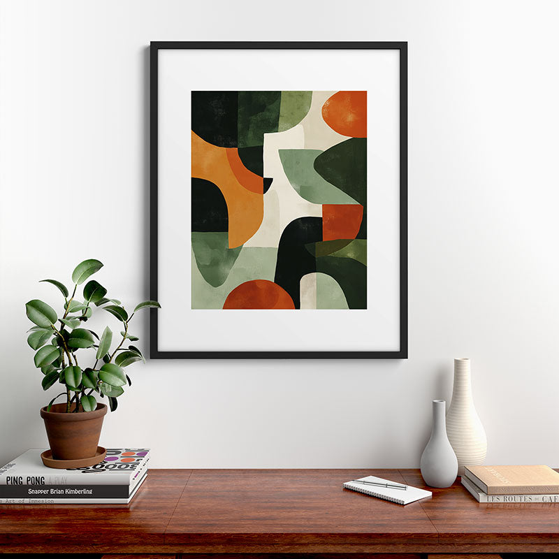 Earthy Mid-Century Abstract Composition in Olive, Rust, and Charcoal Tones Framed Art Print Gallery Image 7