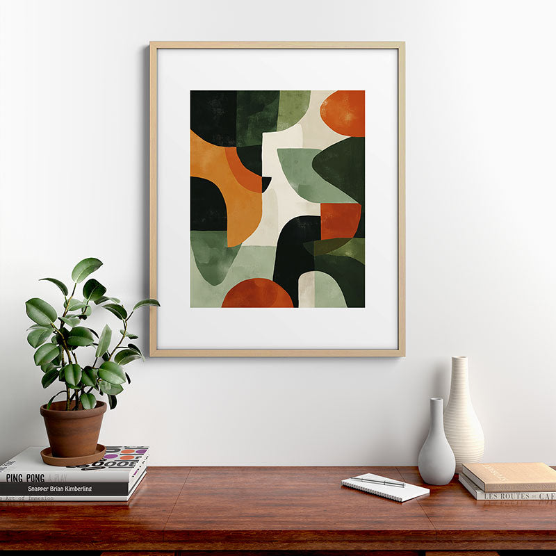 Earthy Mid-Century Abstract Composition in Olive, Rust, and Charcoal Tones Framed Art Print Gallery Image 21