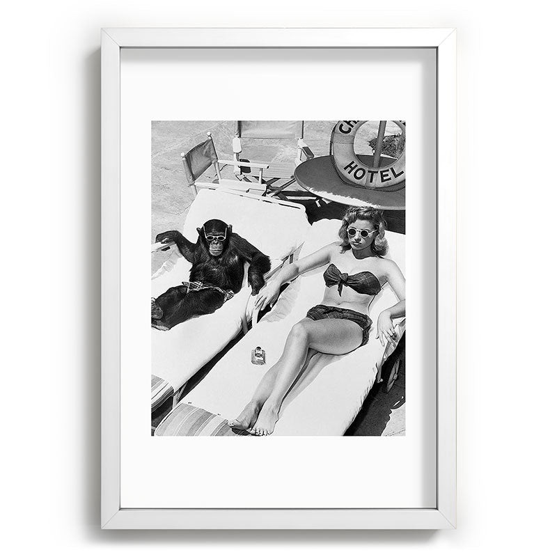 Lady and Chimp Sunbathing, Black and White, Vintage Art Framed Art Print Gallery Image 77