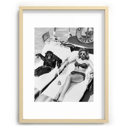 Lady and Chimp Sunbathing, Black and White, Vintage Art Framed Art Print Gallery Image 73